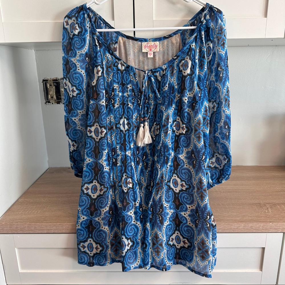 Plenty by Tracy Reese Silk Peasant Blouse Women's S Blue Sheer Tassel Artsy Y2K‎